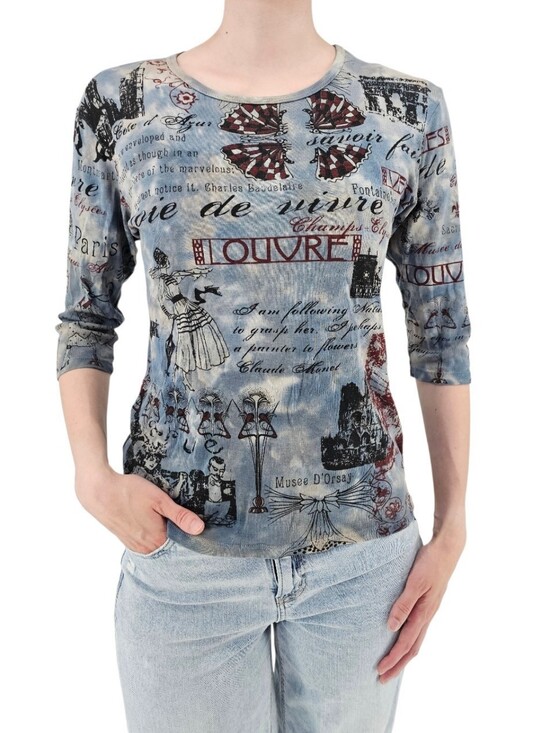 Glima Tops - Glima Paris Louvre Graphic Top Women's L Blue 3/4 Sleeve Artsy Y2K 100% Cotton
